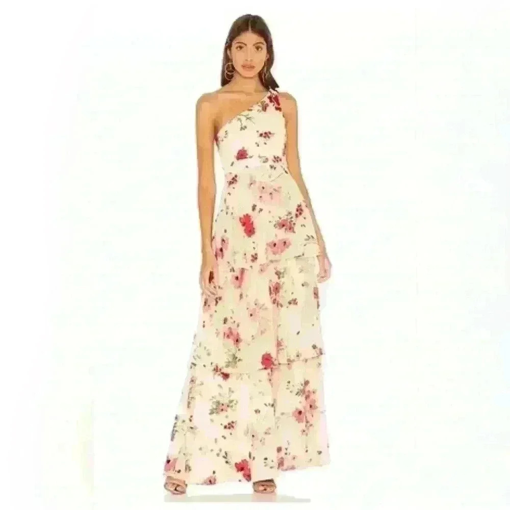 Lovers + Friends Floral One-Shoulder Tiered Maxi Dress | Size M